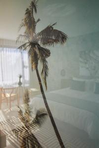 a palm tree in a room with a bedroom at Central Beach Villas in Cape Town