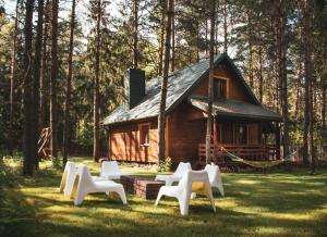 a group of white chairs in front of a cabin at Jarzębinowa - Dom do wynajęcia na Podlasiu in Łuka