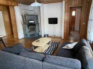 sala de estar con sofá y chimenea en Lupiini, en Savonlinna