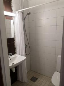 a bathroom with a shower and a sink at Tammisaaren Kaupunginhotelli in Tammisaari