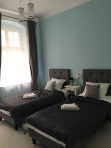 two beds in a room with a window at Duży apartament - cichy zakątek na Starówce in Poznań