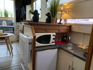 a kitchen with a microwave sitting on a counter at Magnifique bateau maison in Ouistreham