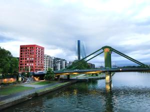 美茵河畔法蘭克福的住宿－THE FLAG Oskar M.，一座建有建筑物的城市里河流上的桥梁