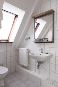 ein Badezimmer mit einem Waschbecken, einem WC und Oberlichtern in der Unterkunft Hotel Dortmunder Hof in Würzburg