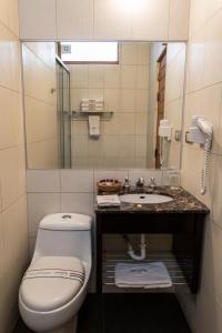La salle de bains est pourvue de toilettes, d'un lavabo et d'un miroir. dans l'établissement Mamasara Cusco, à Cusco