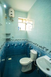 uma casa de banho em azulejos azuis com um WC e um lavatório em Field stone Apartment em Varca