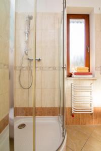 a bathroom with a shower with a toilet and a window at Apartamenty Świnoujście - Rezydencja Żeromskiego in Świnoujście