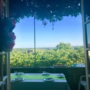 uma mesa com vista para uma vinha a partir de uma janela em ensemble de deux chambres pour famille em Planioles