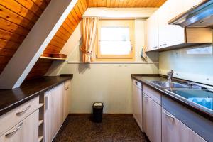 eine Küche mit Spüle und Fenster in der Unterkunft Ferienwohnpark Immenstaad am Bodensee Nurdachhaus Typ 8 NDT 014 in Immenstaad am Bodensee