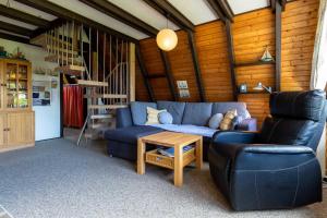 un salon avec un canapé bleu et une table dans l'établissement Ferienwohnpark Immenstaad am Bodensee Nurdachhaus Typ 7 ND 48, à Immenstaad am Bodensee