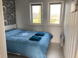 1 Schlafzimmer mit einem Bett mit blauer Bettwäsche und 2 Fenstern in der Unterkunft Dahlia 107 - zonnig en volledig uitgerust appartement in De Haan