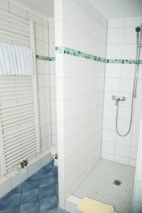 a bathroom with a shower with white tiles at Hotel Gästehaus Priester in Limburg an der Lahn