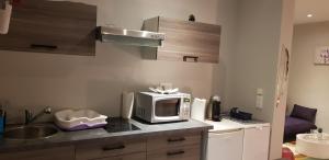 una cucina con forno a microonde sopra un bancone di Bel appart moderne Roanne a Roanne