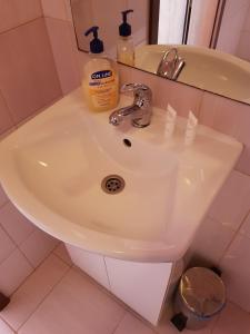 a bathroom sink with a bottle of soap on it at Noclegi-Nowadeba in Tarnowska Wola