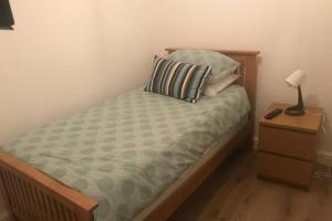 KentにあるThe Dartford Five Bedrooms Attractive Houseの小さなベッドルーム(ランプ付きのベッド、ナイトスタンド付) +40枚の写真