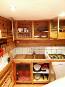 una cocina con armarios de madera y fregadero en Duplex de 65 m² à l'esprit chalet, en La Bourboule