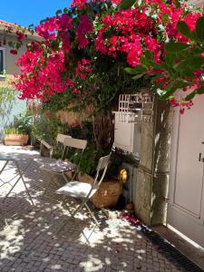 a bunch of pink flowers hanging from a building at Ninho Salino in Cascais