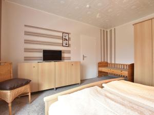 Schlafzimmer mit einem Bett und einem Schrank mit einem TV in der Unterkunft Spacious Holiday Home in Wismar Germany with Parasol in Wismar