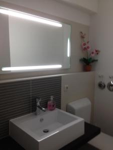 a bathroom with a sink and a mirror and a toilet at City Apartment in Nürnberg Center in Nürnberg +28 photos