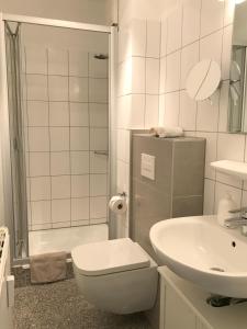 een badkamer met een toilet, een wastafel en een douche bij Haus Roland Wohnung 32 in Zinnowitz