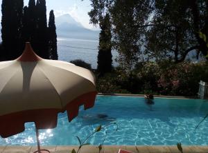a pool with an umbrella and a person in the water at Residence Gardasee 2 in Torri del Benaco