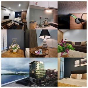 a collage of photos of a hotel room at Arena SOHO Kuching with infinity rooftop pool and free WiFi in Kuching