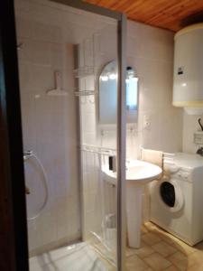 een badkamer met een douche, een wastafel en een toilet bij Lei Canissouns in Castellane