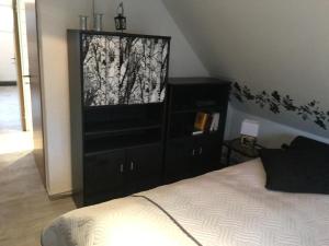ein Schlafzimmer mit einem Bett und einer Kommode mit einem Fernseher in der Unterkunft Ferienwohnung Rosi Stoppa in Burg