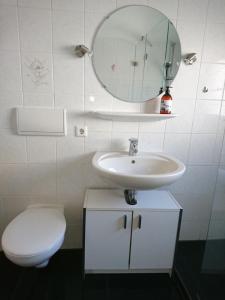 a bathroom with a toilet and a sink and a mirror at An der grünen Donau - Ferienwohnung, wir bieten keine Parkplätze, Verpflegung oder Tücher an, Parken gegenüber auf der Straßenseite möglich in Immendingen