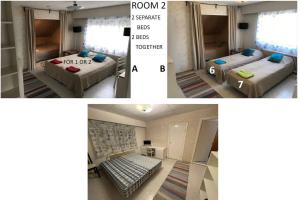 2 Bilder von einem Schlafzimmer mit 2 Betten und einem Zimmer mit einem Bett in der Unterkunft Cosy 4 Big r+sauna house near communication+market in Vantaa