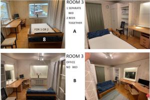 2 Bilder eines Zimmers mit einem Bett und einem Esszimmer in der Unterkunft Cosy 4 Big r+sauna house near communication+market in Vantaa