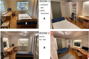 two pictures of a room with a bed and a dining room at Cosy 4 Big r+sauna house near communication+market in Vantaa