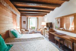 a bedroom with a bed and a desk with a television at L'Auberge du Choucas in Le Monêtier-les-Bains