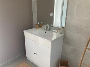 Un baño con un lavabo blanco y un espejo. en Sitio Nathalie et Jos, en Saint-Laurent-de-Carnols