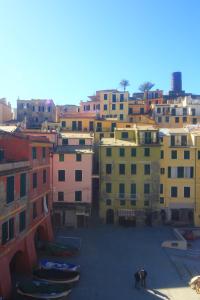 a cat standing in a courtyard in front of buildings at Vernazza Vacation 2 in Vernazza
