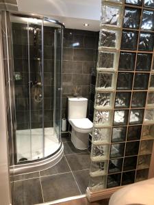 a bathroom with a toilet and a glass shower at The Flying Scotsman Flamborough in Flamborough