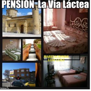un collage de fotos de una habitación de hotel con cama en Apartamento Pensión La Vía Láctea, en Frómista