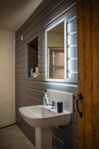a bathroom with a white sink and a mirror at Dans Wee Cottage Slieve Croob Dromara Castlewellan Newcastle in Dromara