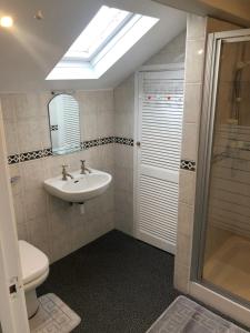 a bathroom with a sink and a toilet and a shower at Belfast Duplex Apartment No Parties in Belfast