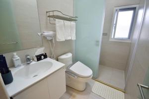 台東市的住宿－好時光電梯民宿，浴室配有卫生间、盥洗盆和淋浴。
