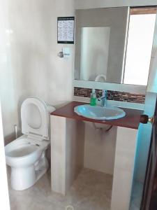 a bathroom with a toilet and a sink and a mirror at Hostal Rana in Villa de Leyva