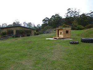 a small house on a grassy hill with two tires at Silver Ridge Retreat in Sheffield