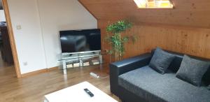 a living room with a couch and a flat screen tv at Ferienwohnung Stadtvilla in Magdeburg