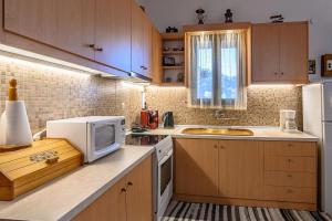uma cozinha com armários de madeira e um micro-ondas em Villa Roxani em Mesklá