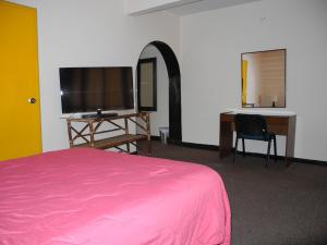 um quarto com uma cama, uma secretária e uma televisão em Hotel San Sebastian em Bogotá