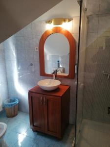 a bathroom with a sink and a mirror at Park Vendégház in Herend