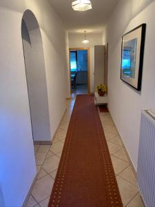 a hallway with a red carpet on the floor at Haus Martina in Sand in Taufers