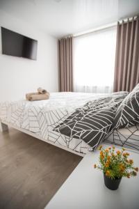 Schlafzimmer mit einem Bett mit schwarzen und weißen Kissen in der Unterkunft Bilius Apartment in Winnyzja