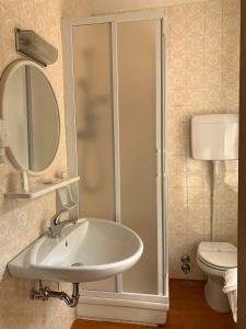 uma casa de banho com um lavatório e um chuveiro em Hotel Alpi - Asiago em Asiago
