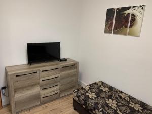 Zimmer mit einem Flachbild-TV auf einer Holzkommode in der Unterkunft Várlak Apartman in Dinnyés